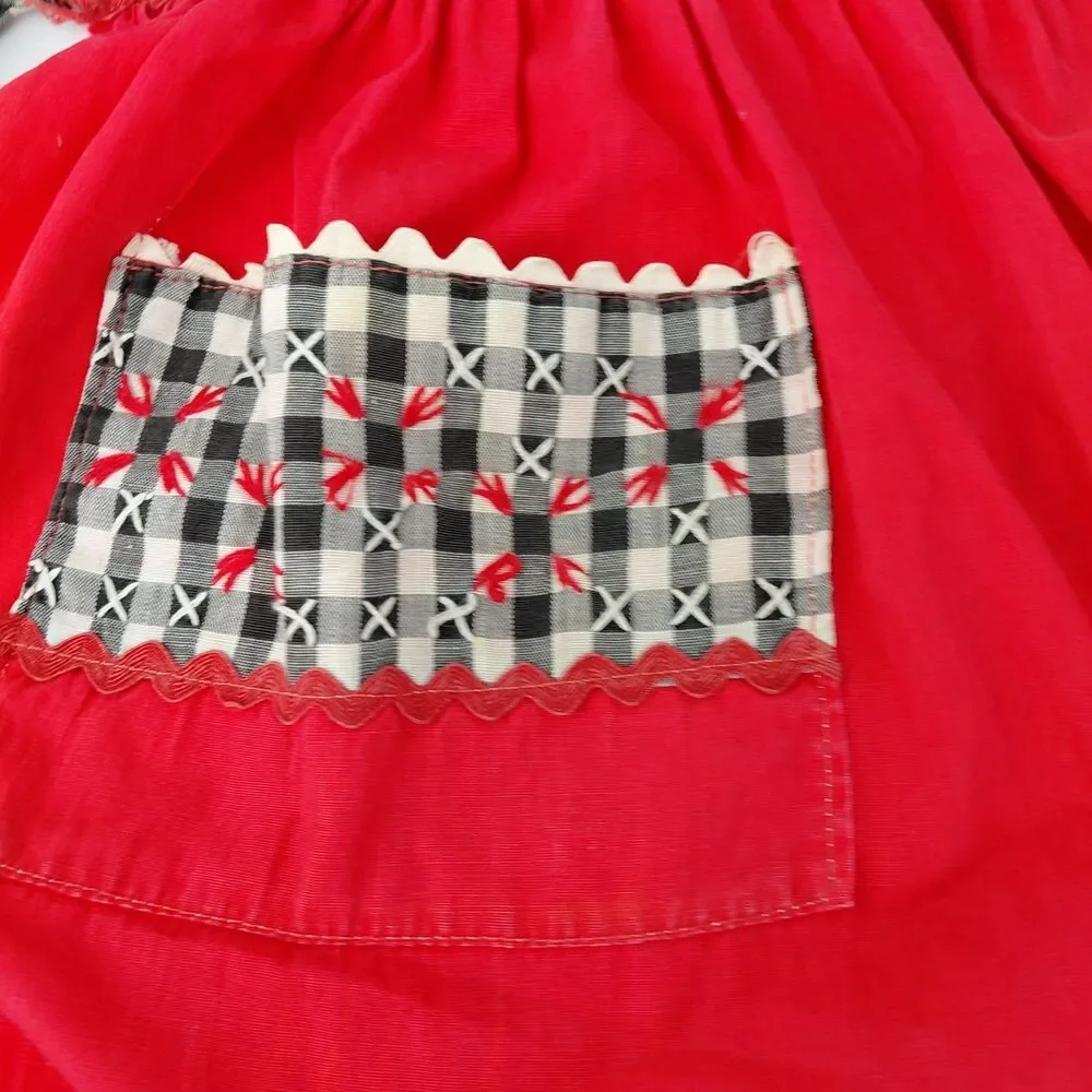 Handmade Half Apron Vt 50/60's Cotton Red White Black Embroidered Fabric